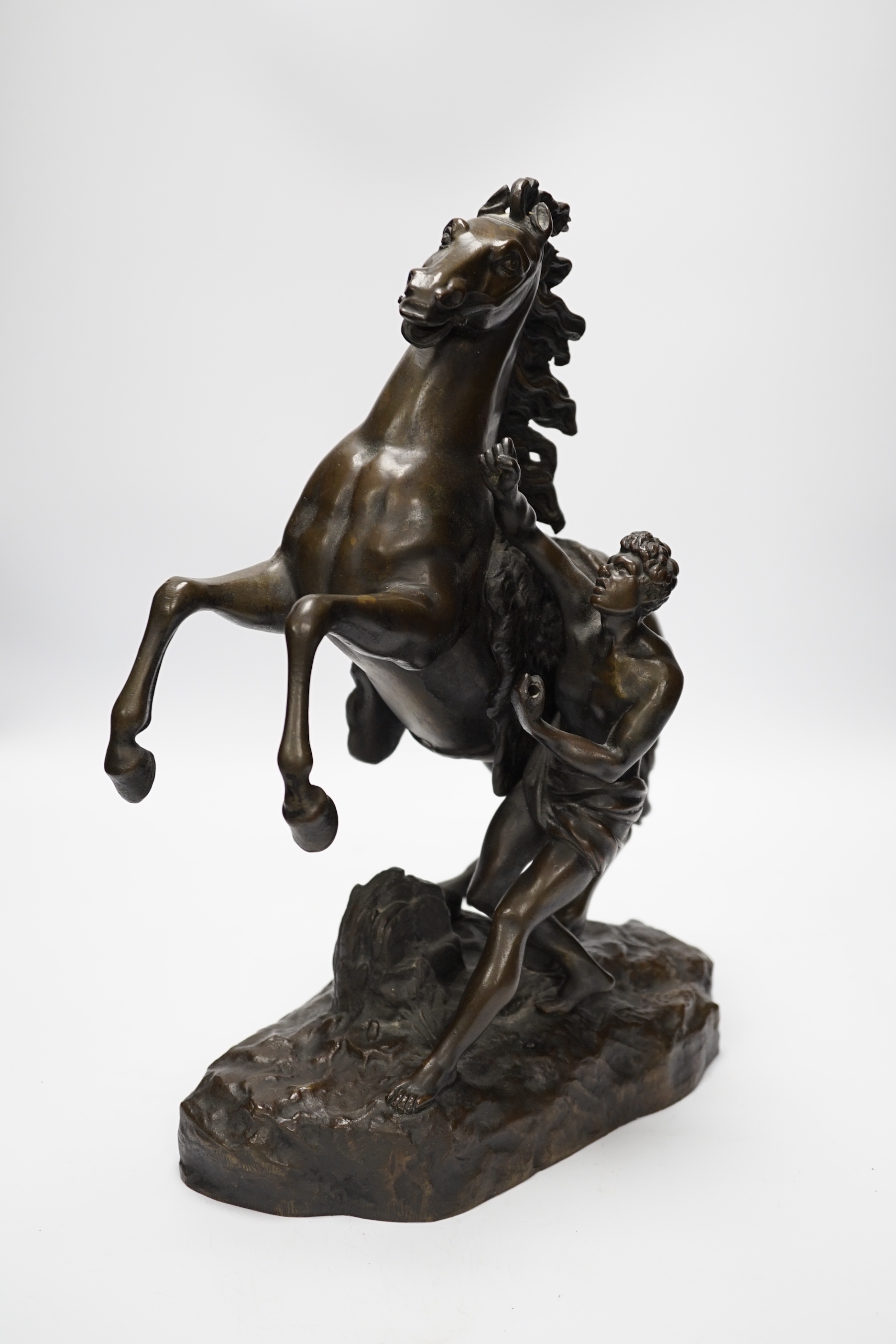 An early 20th century bronze Marly horse group, 40cm